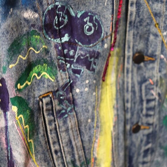 Vintage 80s Sport Deco Hand Painted Hollywood Denim Jacket Sequins Medium - Picture 10 of 16